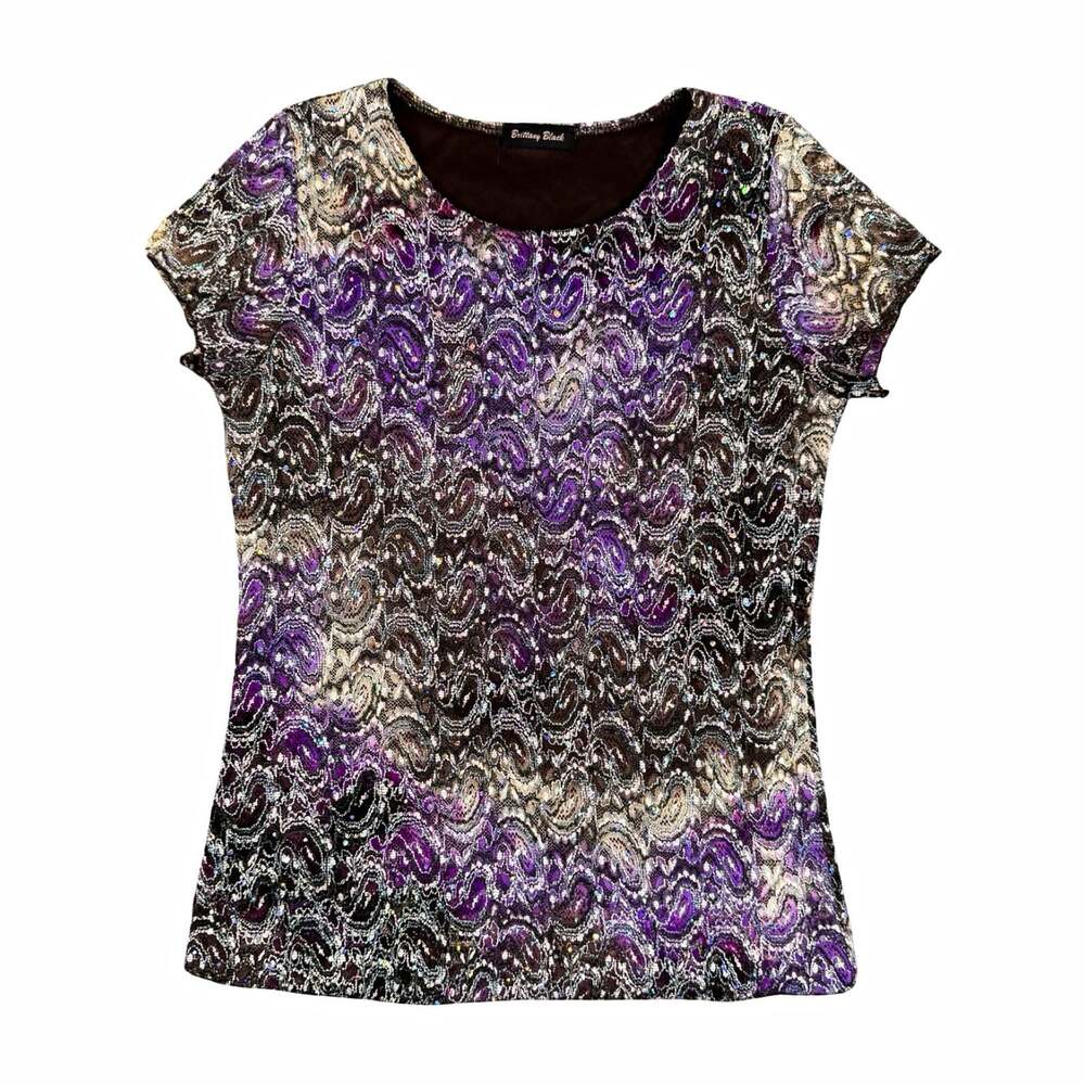 Brittany Black Paisley Lace Mesh Sequin Embellished Short Sleeve Top Small